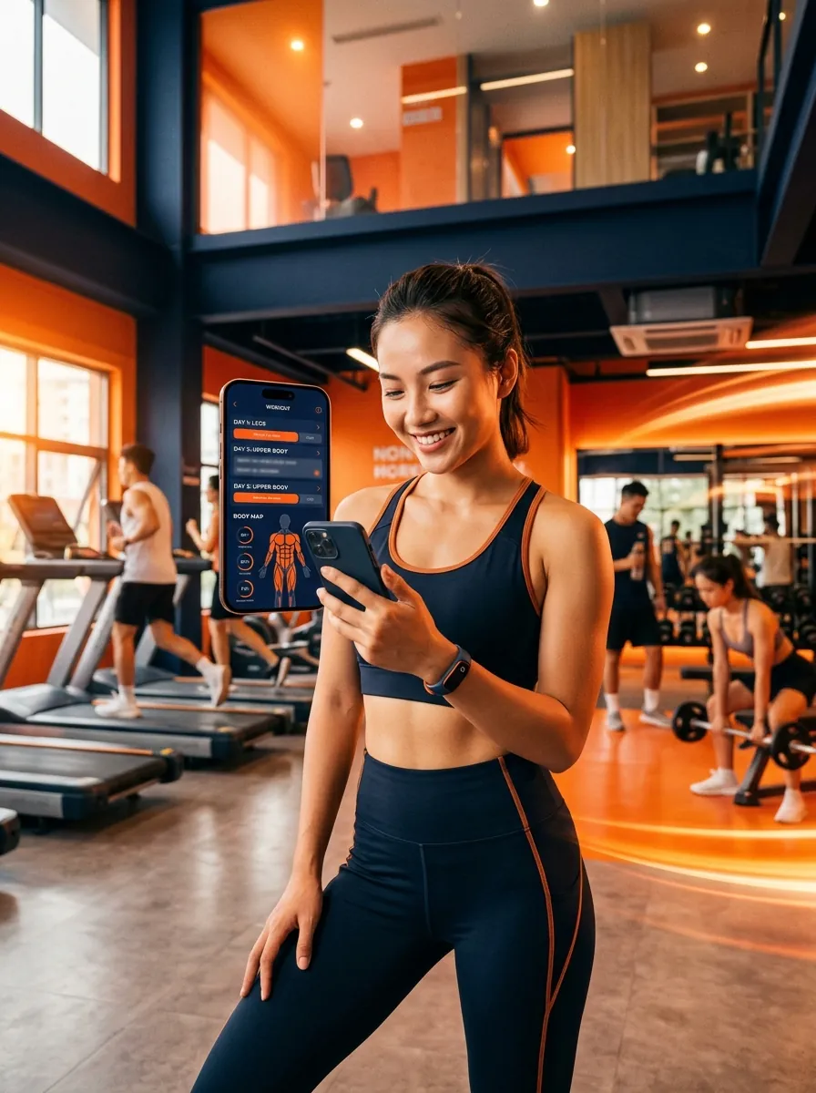 Điện thoại hiển thị bản kế hoạch khách đẹp, body-map màu cam, nền tối glow