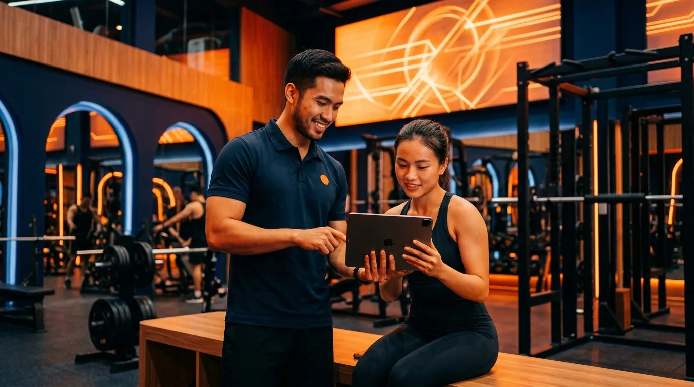 PT đang dùng tablet tại gym, giao diện AICoLE hiển thị, ánh sáng cam cinematic