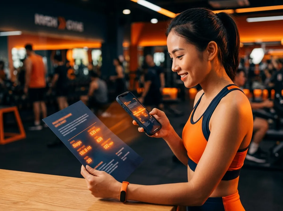 Close-up tay cầm phiếu InBody, camera scan, overlay highlight số liệu, glow cam