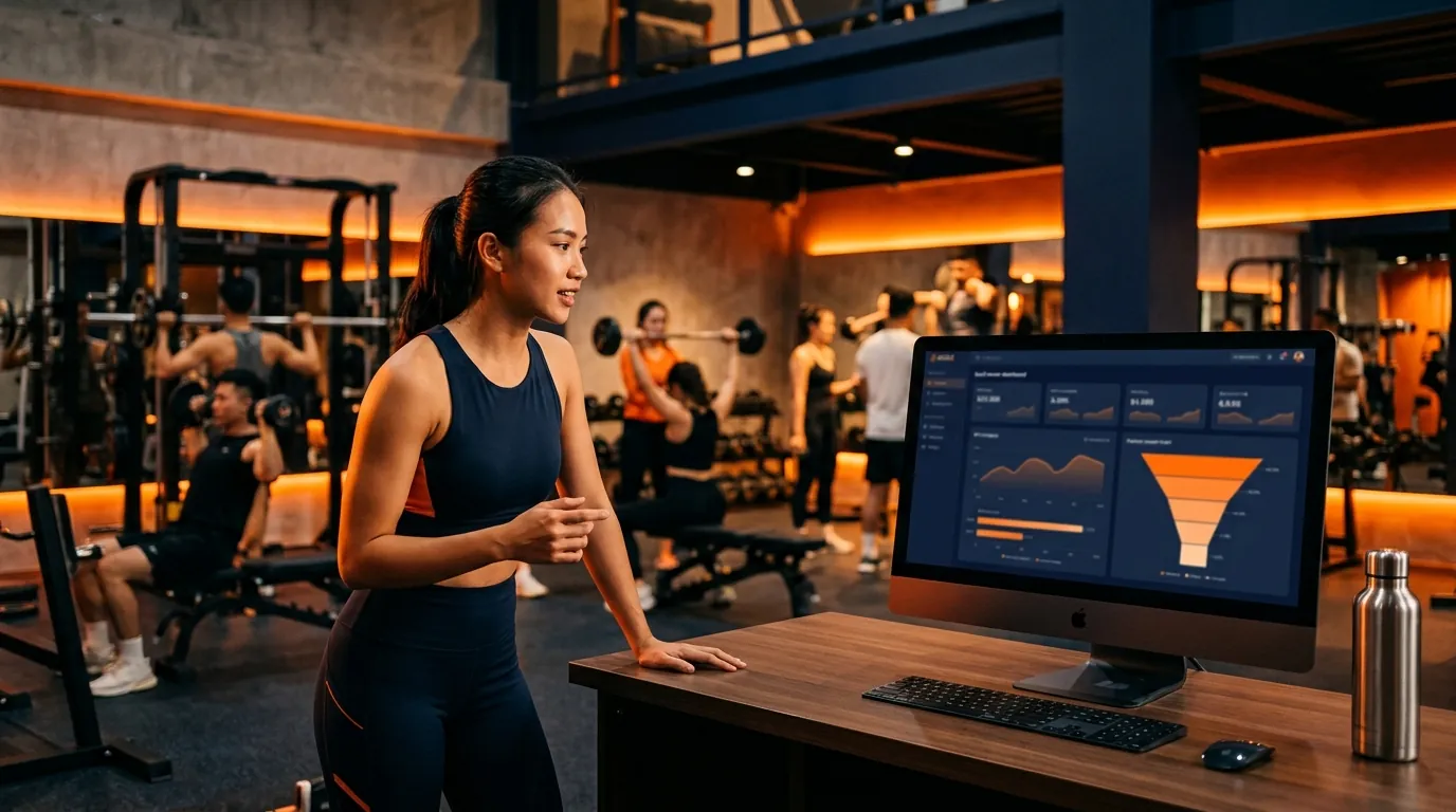 Desktop dashboard chủ phòng gym: grid KPI, biểu đồ, danh sách PT — hiện đại sạch
