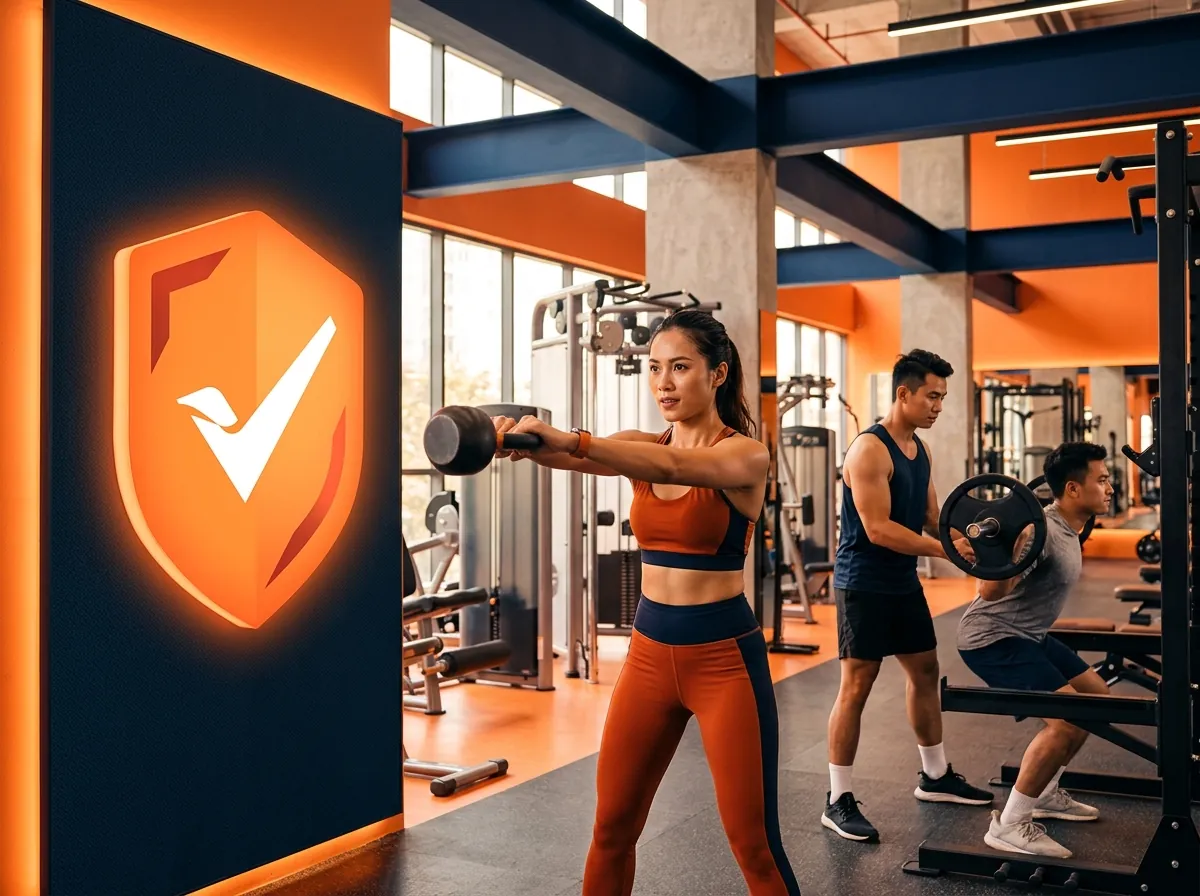 Màn hình app hiển thị safety checklist xanh/đỏ, PT đang review, tông chuyên nghiệp